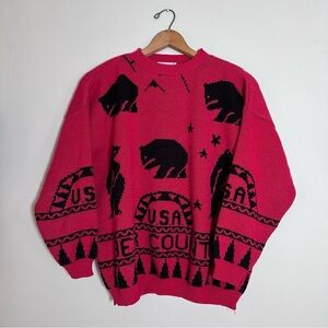 Vintage 80s Jane Adams Red Bear Country Acrylic Sweater Made in USA One Size